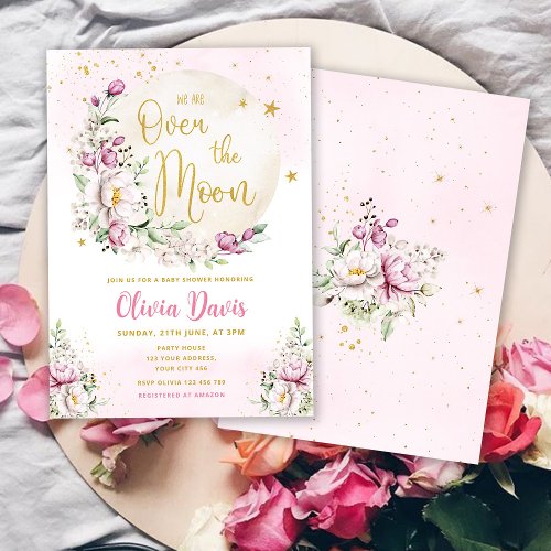 Floral Pink Over The Moon Baby Shower Invitation