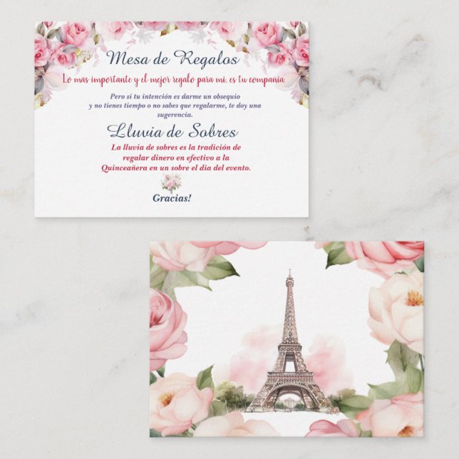 Floral Pink Paris Lluvia de Sobres Quinceañera Note Card (Front/Back)