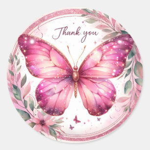 Floral Pink Pastel Glitter Butterfly - Thank you - Classic Round Sticker