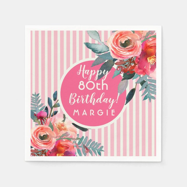 Floral Pink Pastel Stripe 80th Birthday Napkins (Front)