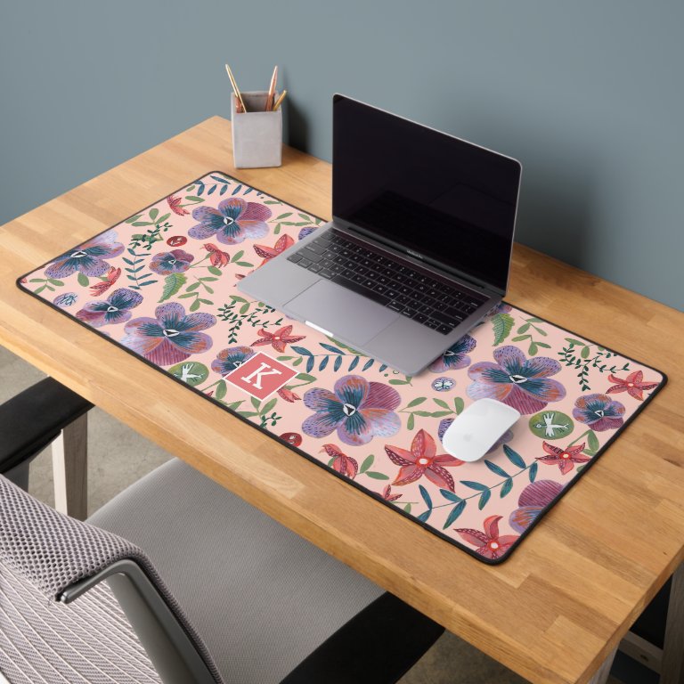 Floral pink pattern monogram desk mat