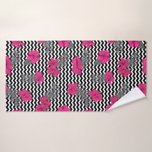 Floral Pink Pattern on Black and White Chevrons Bath Towel