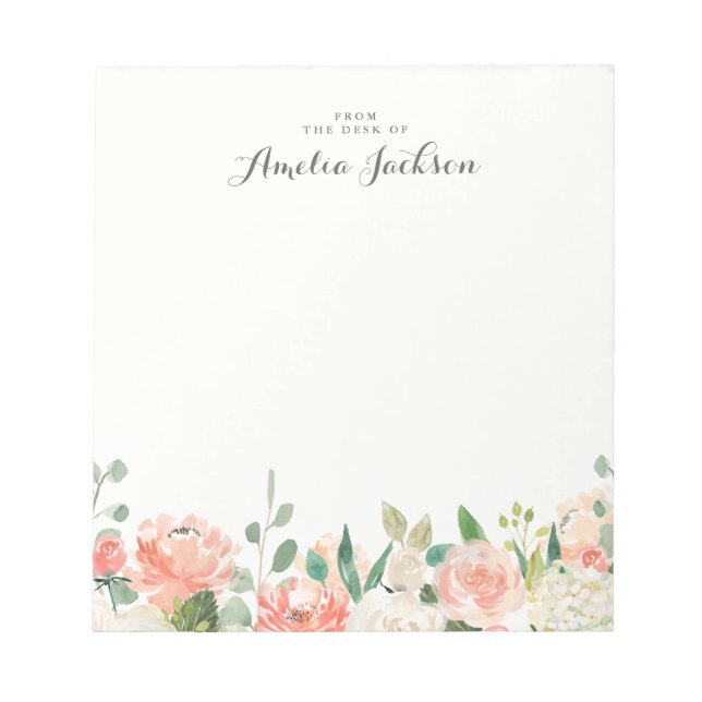 Floral Pink Peach Personalized Stationery Notepad (Front)