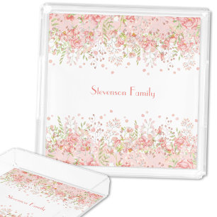 Floral Pink Peach Wildflowers Family Name Acrylic Tray