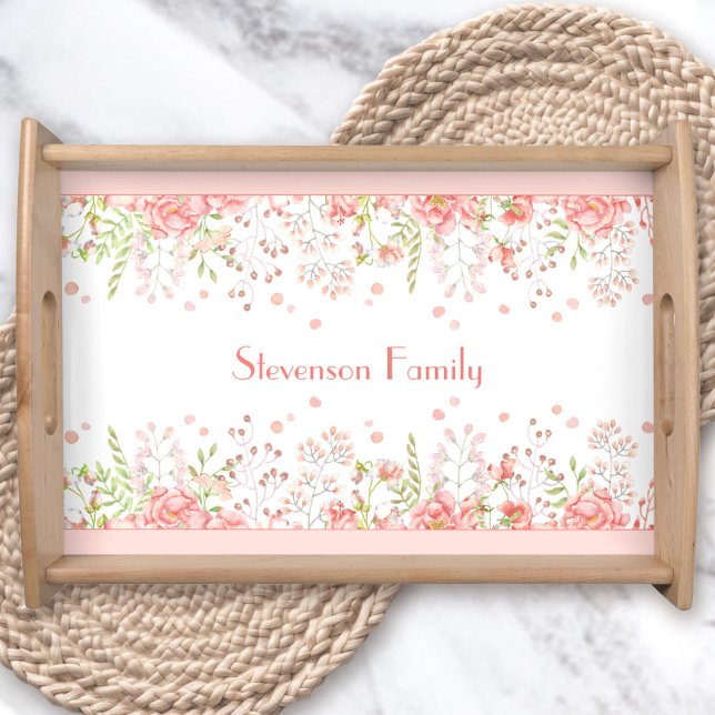 Floral Pink Peach Wildflowers Family Name Serving Tray (Floral Pink Peach Wildflowers Family Name Serving Tray)