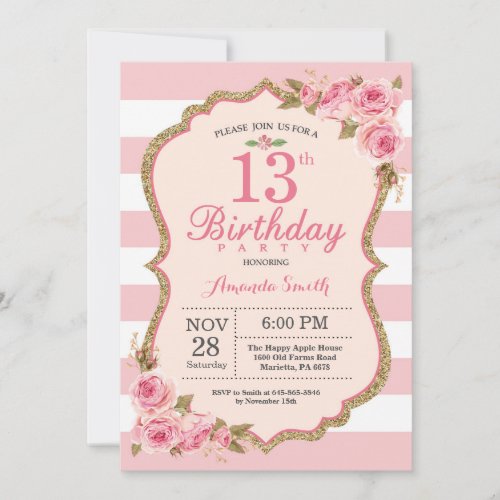 Floral Pink Peonies 13th Birthday Party Invitation