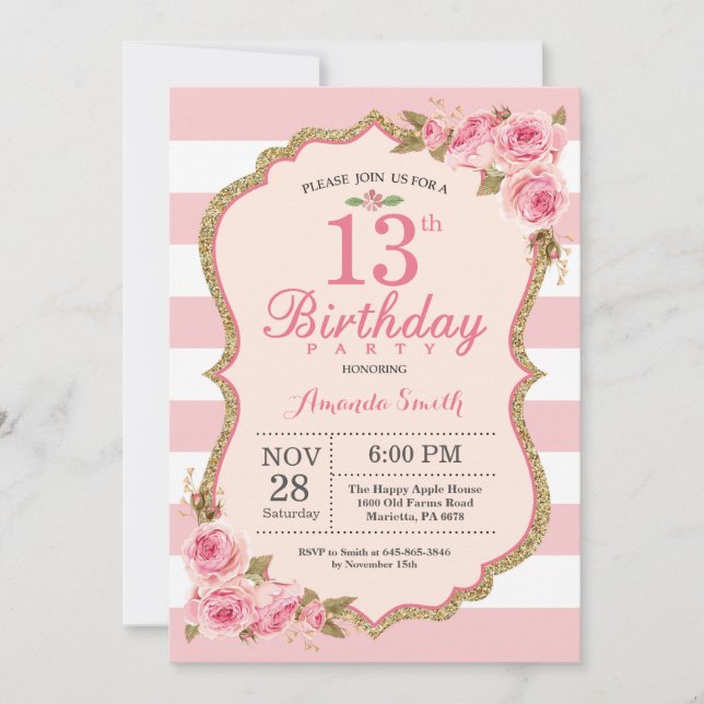 Floral Pink Peonies 13th Birthday Party Invitation (Front)