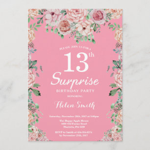Floral Pink Peonies 13th Surprise Birthday Invitation