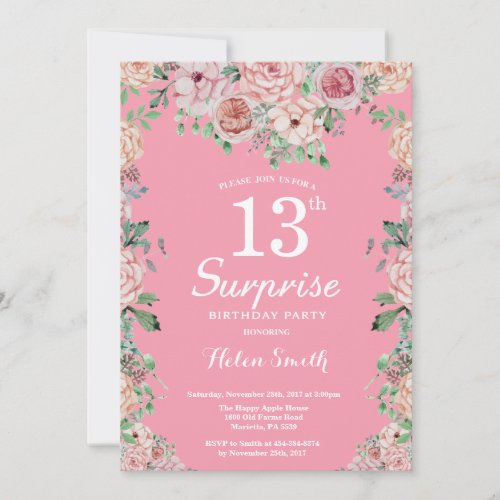 Floral Pink Peonies 13th Surprise Birthday Invitation