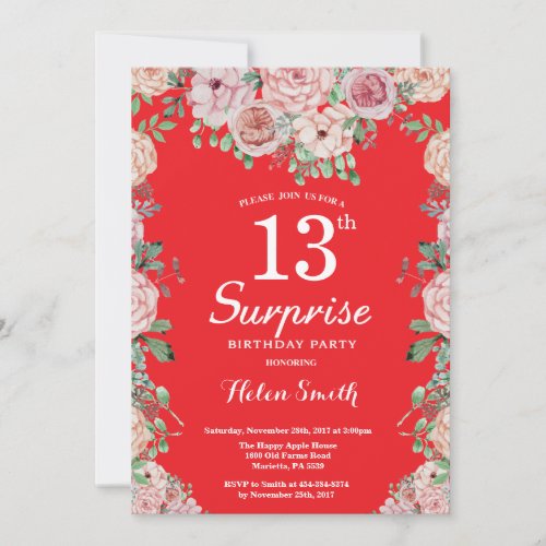 Floral Pink Peonies 13th Surprise Birthday Red Invitation