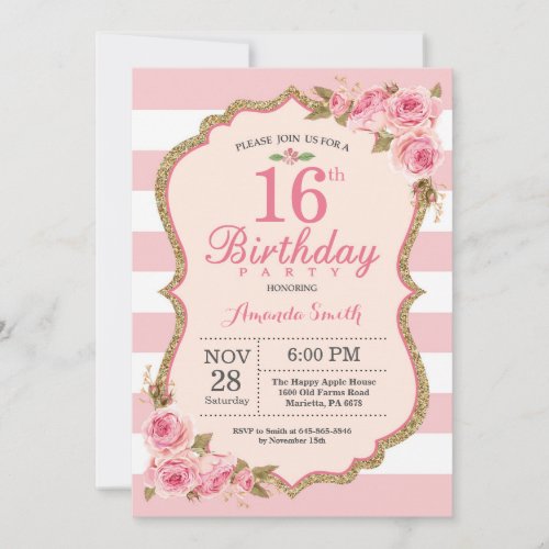 Floral Pink Peonies 16th Birthday Party Invitation