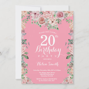 Floral Pink Peonies 20th Birthday Invitation