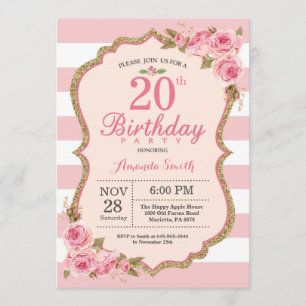 Floral Pink Peonies 20th Birthday Party Invitation