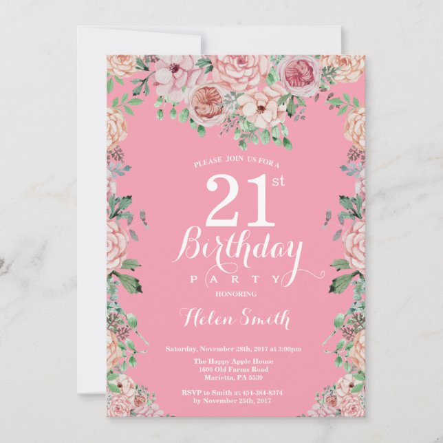 Floral Pink Peonies 21st Birthday Invitation (Front)