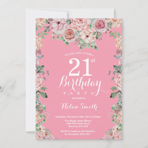 Floral Pink Peonies 21st Birthday Invitation