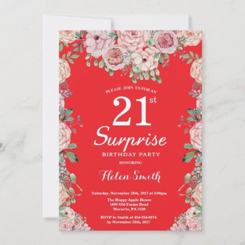 Floral Pink Peonies 21st Surprise Birthday Red Invitation