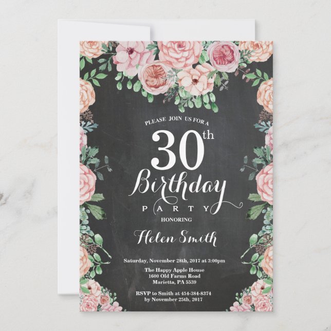 Floral Pink Peonies 30th Birthday Chalkboard Invitation (Front)