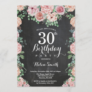Floral Pink Peonies 30th Birthday Chalkboard Invitation