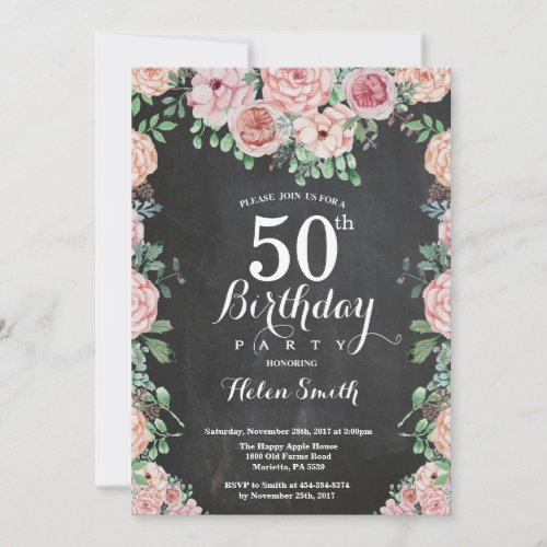 Floral Pink Peonies 50th Birthday Chalkboard Invitation