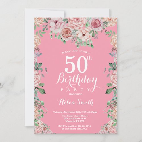 Floral Pink Peonies 50th Birthday Invitation