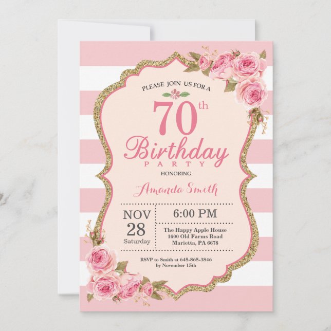 Floral Pink Peonies 70th Birthday Party Invitation (Front)