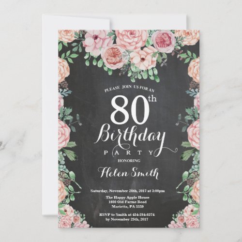 Floral Pink Peonies 80th Birthday Chalkboard Invitation