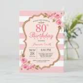 Floral Pink Peonies 80th Birthday Party Invitation (Standing Front)