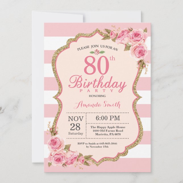 Floral Pink Peonies 80th Birthday Party Invitation (Front)