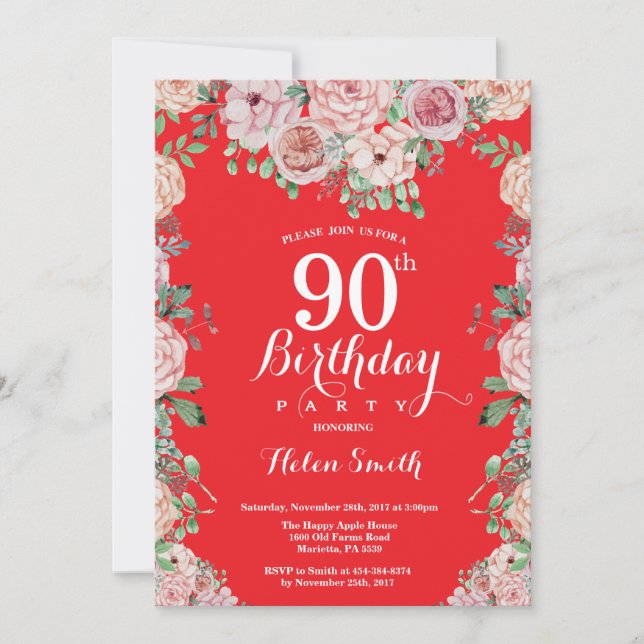Floral Pink Peonies 90th Birthday Red Invitation (Front)