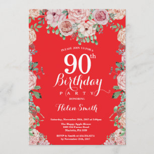 Floral Pink Peonies 90th Birthday Red Invitation