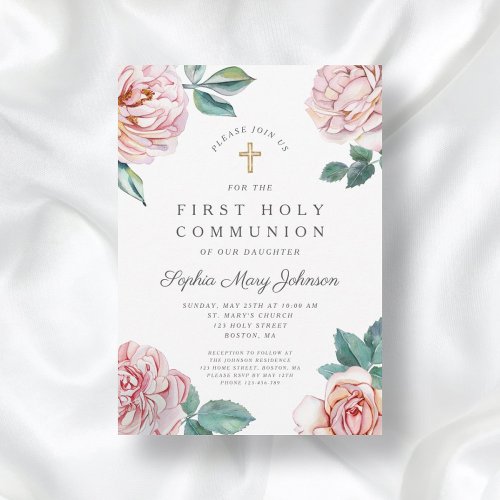 Floral Pink Peonies Girl Religious First Communion Invitation