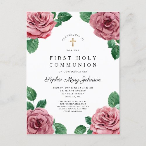 Floral Pink Peonies Girl Religious First Communion Invitation Postcard