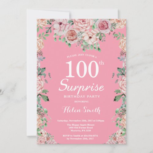 Floral Pink Peonies Surprise 100th Birthday Invitation