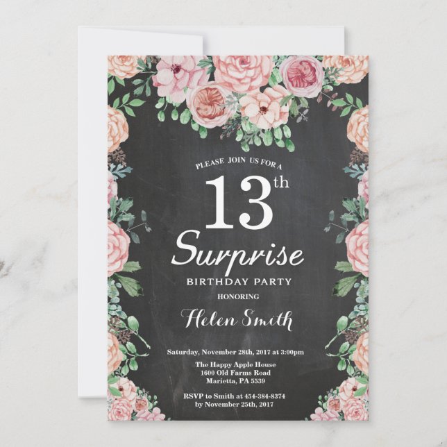 Floral Pink Peonies Surprise 13th Birthday Invitation (Front)