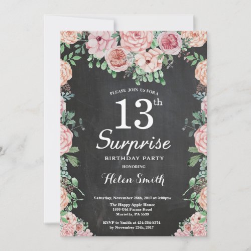 Floral Pink Peonies Surprise 13th Birthday Invitation
