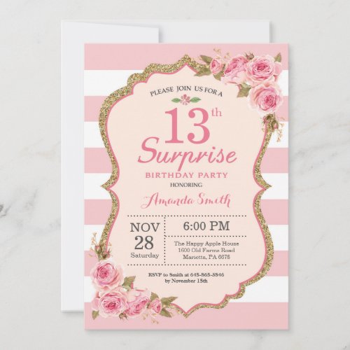 Floral Pink Peonies Surprise 13th Birthday Party Invitation