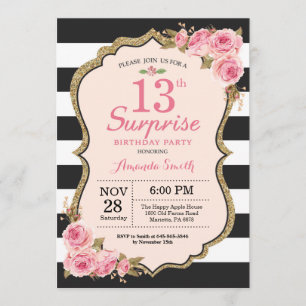 Floral Pink Peonies Surprise 13th Birthday Party Invitation