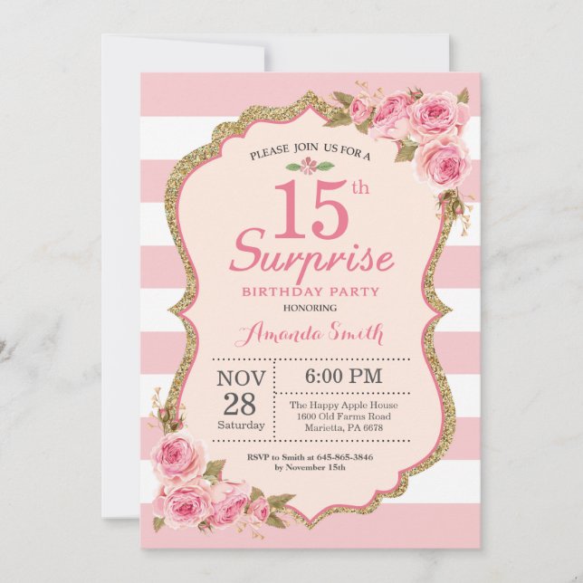 Floral Pink Peonies Surprise 15th Birthday Party Invitation (Front)