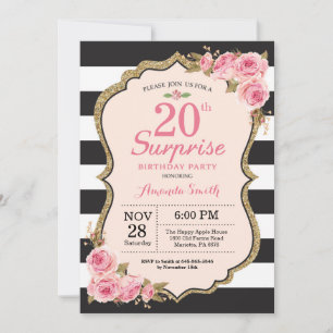 Floral Pink Peonies Surprise 20th Birthday Party Invitation