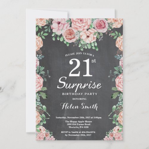 Floral Pink Peonies Surprise 21st Birthday Invitation