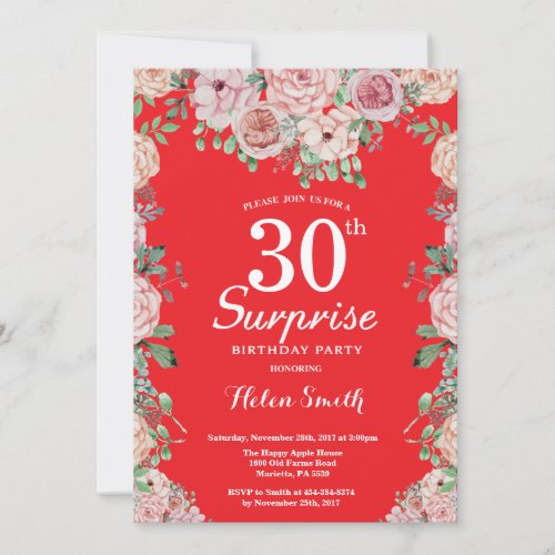 Floral Pink Peonies Surprise 30th Birthday Red Invitation
