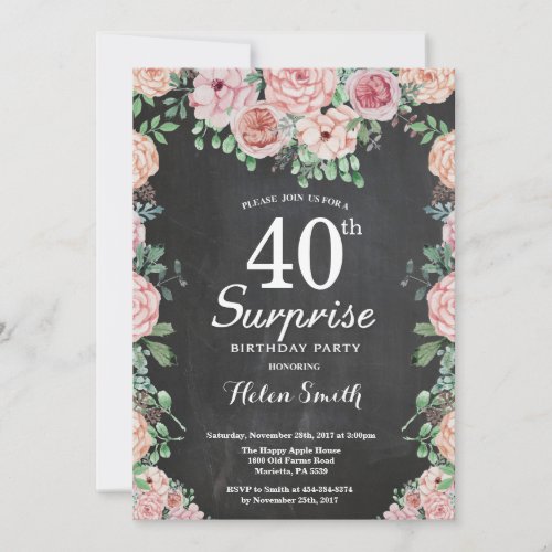 Floral Pink Peonies Surprise 40th Birthday Invitation