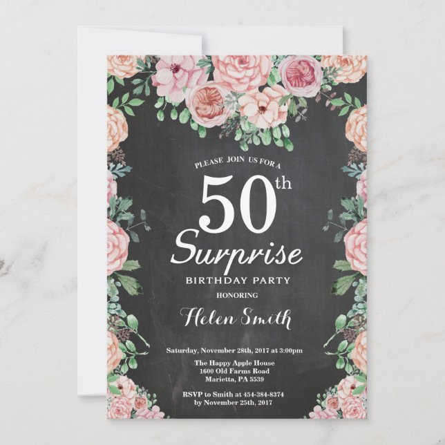 Floral Pink Peonies Surprise 50th Birthday Invitation (Front)