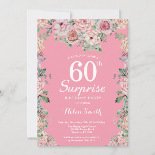 Floral Pink Peonies Surprise 60th Birthday Invitation