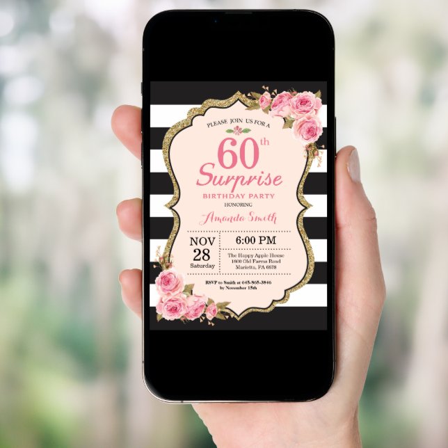 Floral Pink Peonies Surprise 60th Birthday Party Invitation (Front Digital)