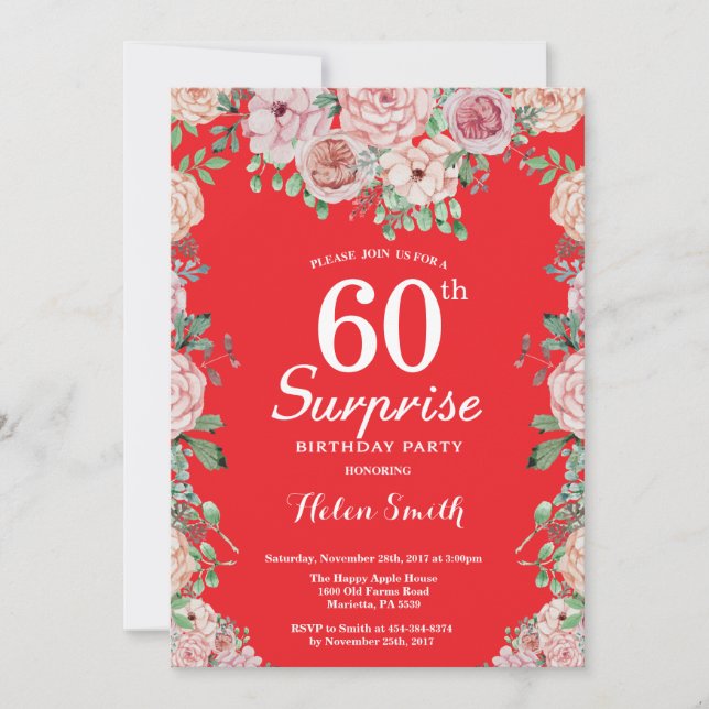 Floral Pink Peonies Surprise 60th Birthday Red Invitation (Front)