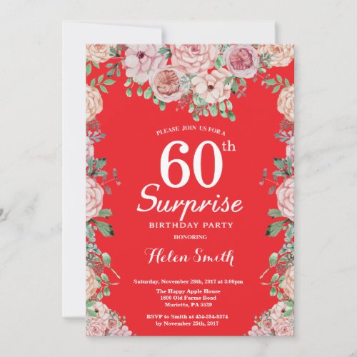 Floral Pink Peonies Surprise 60th Birthday Red Invitation