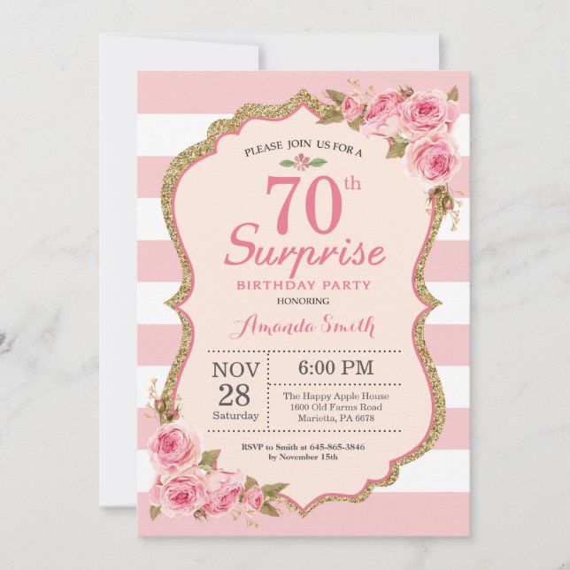 Floral Pink Peonies Surprise 70th Birthday Party Invitation (Front)