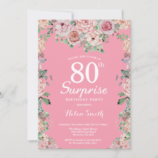 Floral Pink Peonies Surprise 80th Birthday Invitation (Front)