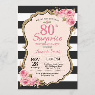 Floral Pink Peonies Surprise 80th Birthday Party Invitation